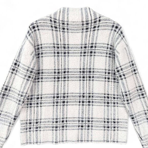 Tahari Sweater Womens Sz M White Gray Plaid Eyelash Knit Mock Neck Pullover Soft - Picture 2 of 8